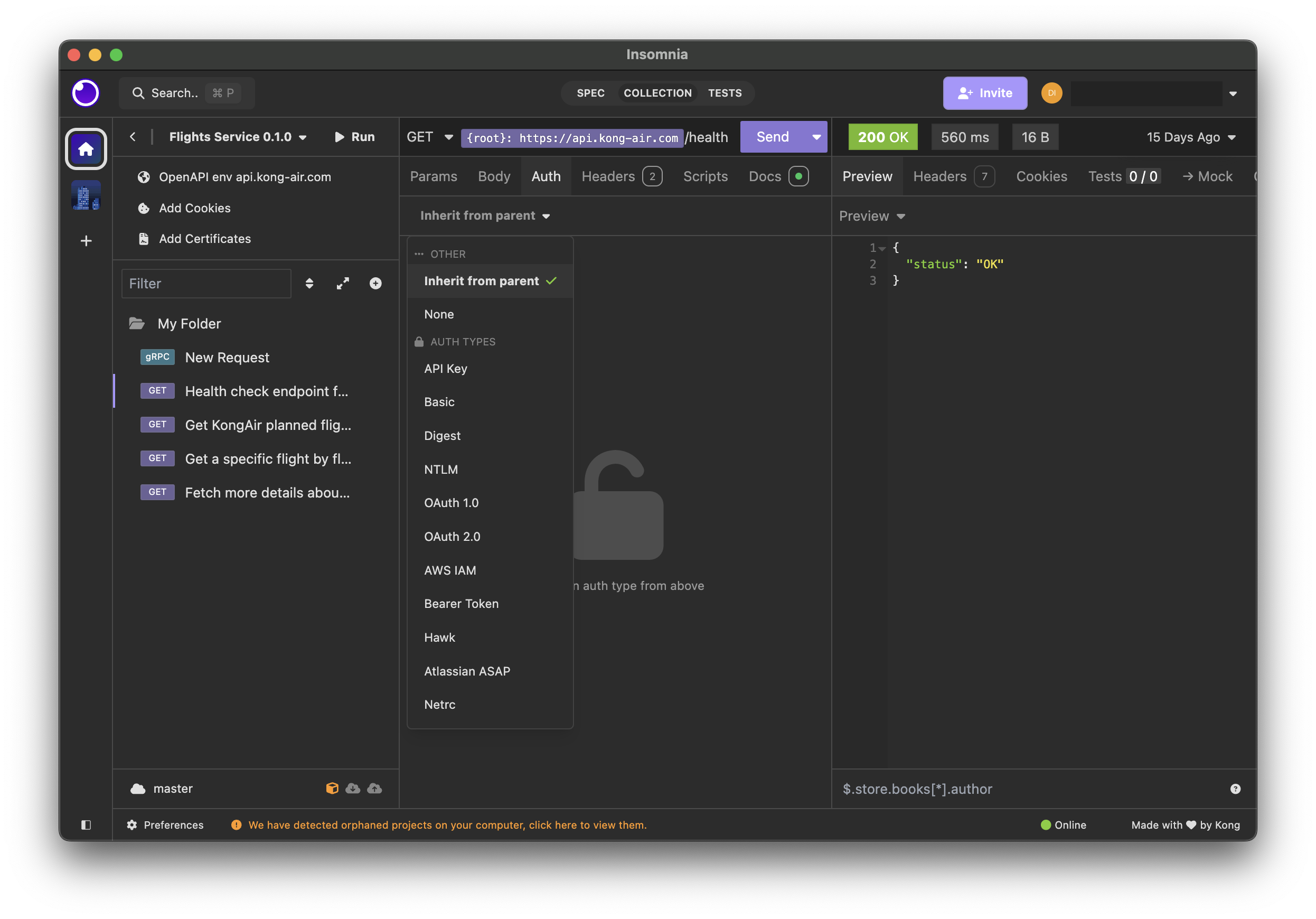 Image of all the available request auth types in Insomnia