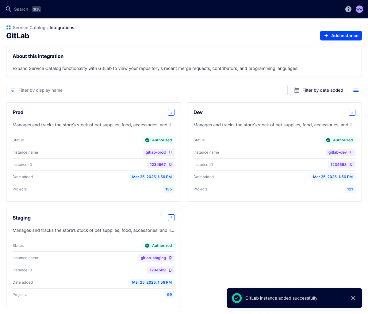 Image of the integration dashboard