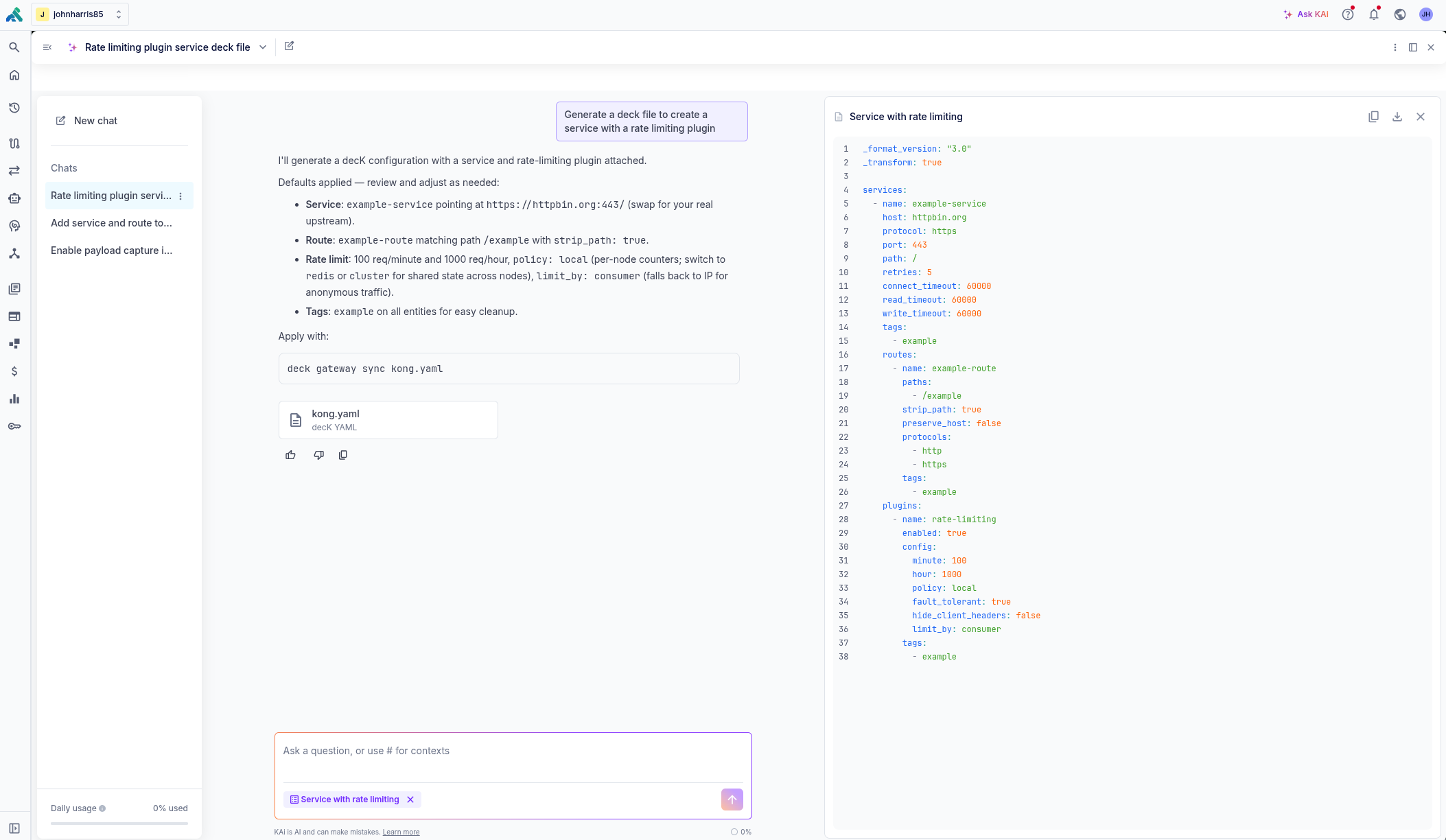 Screenshot of the KAi artifacts pane in Konnect